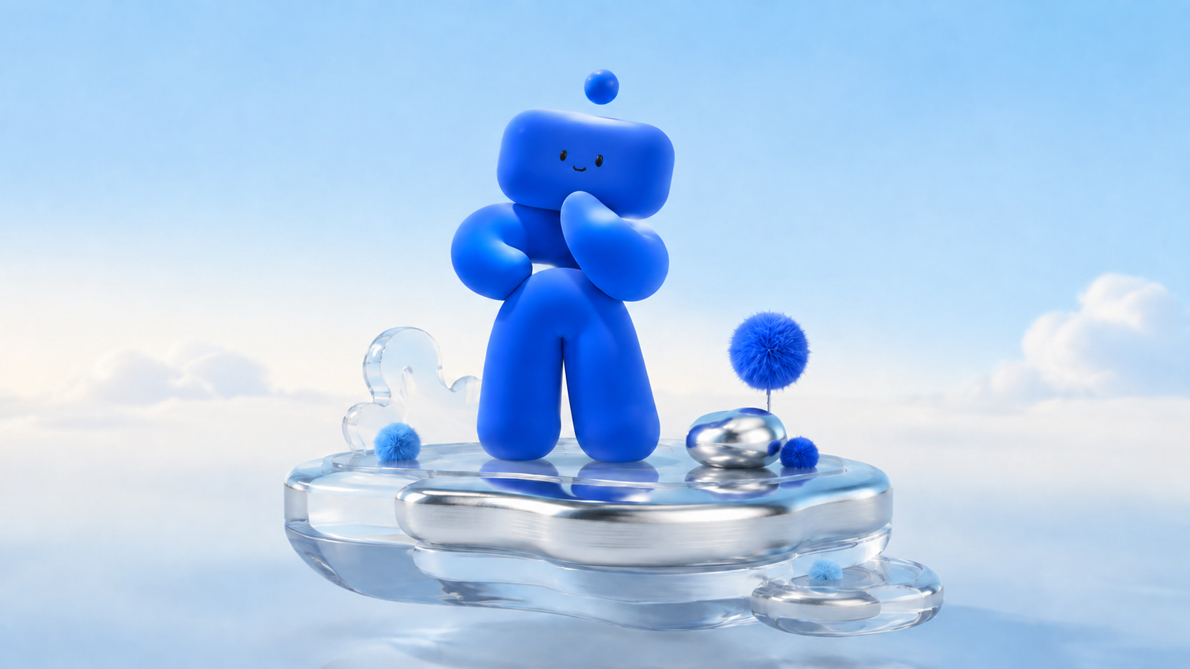 A cobalt DOC character standing on a floating glass and chrome island